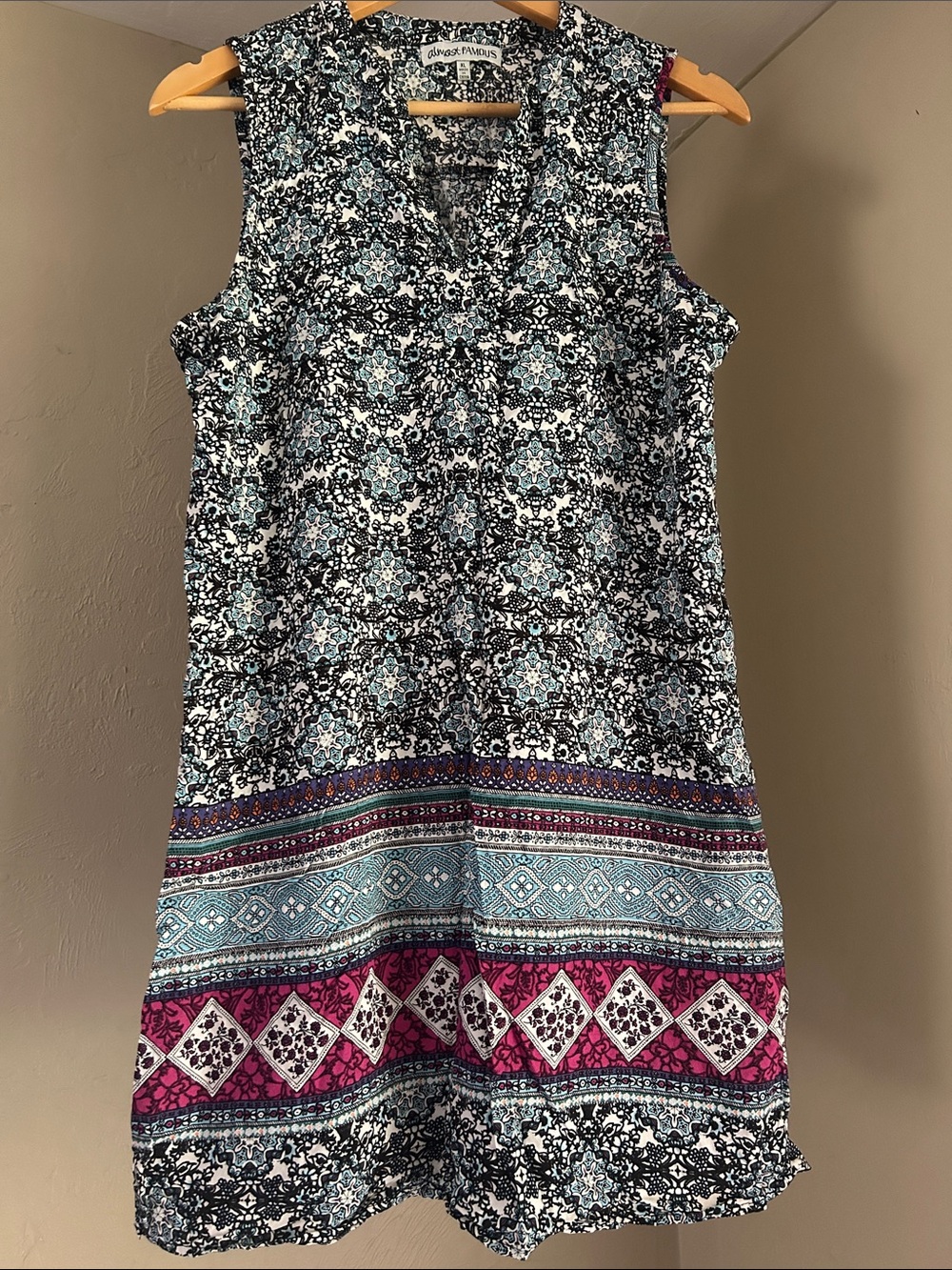 Almost Famous Sleeveless Printed Mini Dress in Black, Blue & Pink